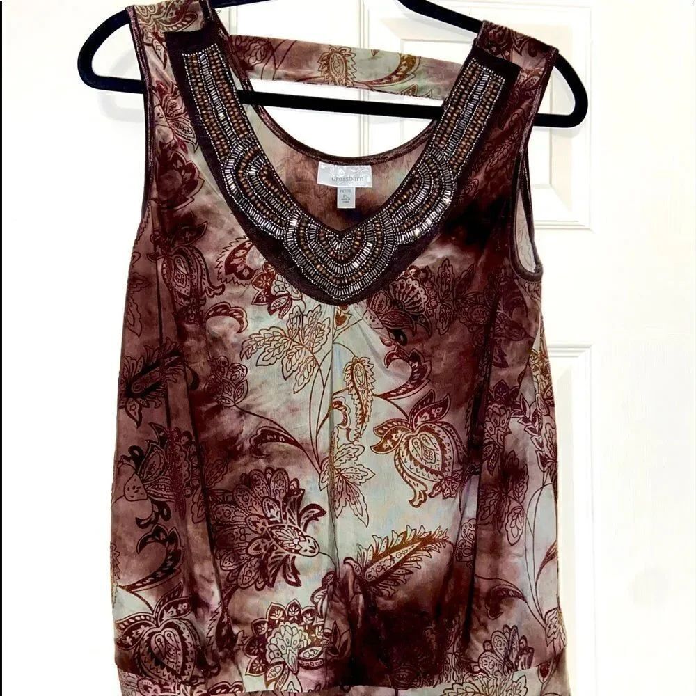 Dress barn embellished neckline cinched waist sleeveless blouse